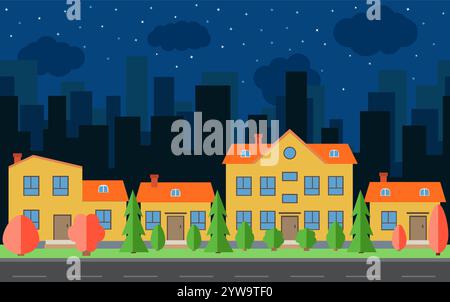 Vector night city with cartoon houses and buildings with red and green trees and shrubs. City space with road on flat style background concept. Summer Stock Vector