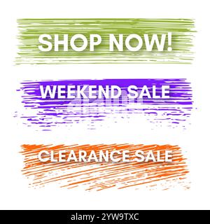 Shop Now, Weekend Sale, Clearance Sale. Set of three sale banners on the colorful painted spots. Vector illustration Stock Vector