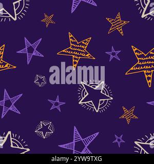 Seamless background of doodle stars. Multicolor hand drawn stars on purple background. Vector illustration Stock Vector