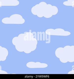 Seamless background with blue sky and white cartoon clouds. Vector illustration. Stock Vector