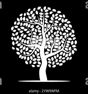 White tree with leaves on black background. Vector illustration Stock Vector