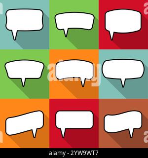 Set of nine cartoon comic balloon speech bubbles in flat style. Elements of design comic books without phrases. Vector illustration Stock Vector