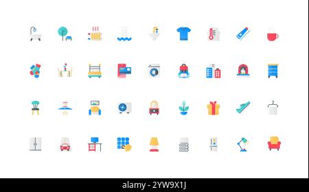 Home comfort color icon set. Electrical appliances and furniture for comfortable interior, temperature control, green plants of home garden, access to smart services flat elements vector illustration Stock Vector