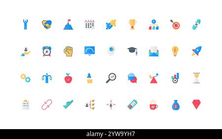 Efficiency of business startup, partnership and communication strategy color icon set. Coffee break in case of burnout, low battery, skills of effective manager flat elements vector illustration Stock Vector