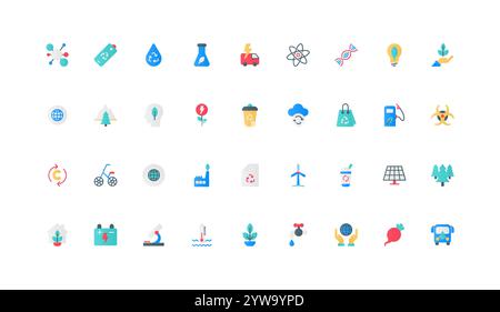 Sustainability, environmental protection with zero waste, green energy, renewable and eco friendly technology color icon set. Sustainable industry development flat elements vector illustration Stock Vector