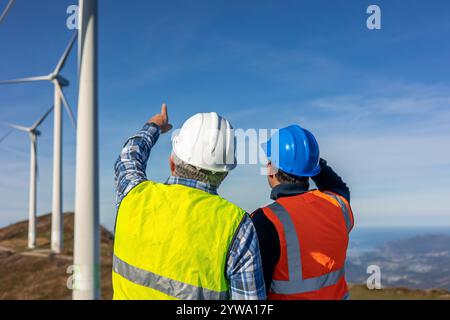Two engineers wearing safety vests and hard hats are pointing at wind turbines on a hilltop, discussing renewable energy and sustainable development Stock Photo