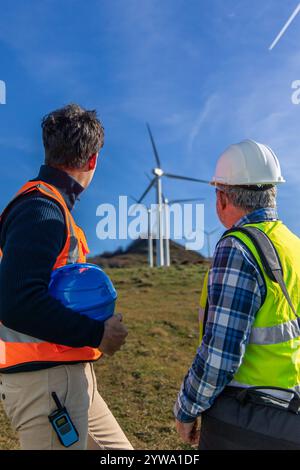 Two engineers wearing safety vests and hard hats are inspecting wind turbines on a grassy hillside, contributing to sustainable energy development and Stock Photo
