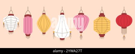 Set of traditional colorful Chinese lantern in various shapes in flat style. Perfect for festivals, celebrations and cultural events. Collection Stock Vector
