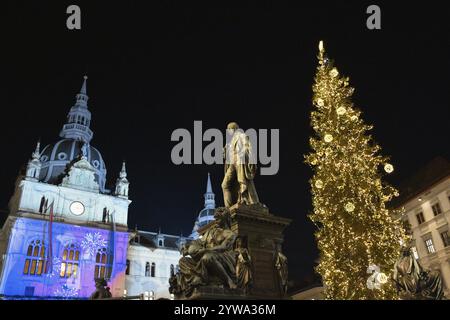 Beautiful Christmas decorations at Hauptplatz (main square), at night, in the city center of Graz, Styria region, Austria, Europe Stock Photo