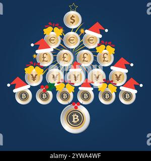 Festive Christmas tree made of coins of different currencies Stock Vector