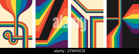 Vintage 1970s posters with rainbow-toned geometric lines. Abstract groovy striped patterns in retro style. Minimalist design perfect for old fashioned art covers and creative backgrounds Stock Vector
