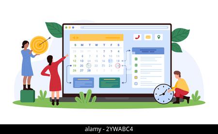 Team uses a large digital calendar to manage tasks and schedules. Scene includes a target, clock, and charts, highlighting efficient planning and coordination vector illustration Stock Vector