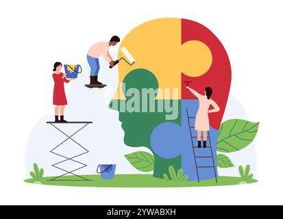 Mental health, psychologists support on counseling consultation, psychology. Tiny people connect and colour in puzzle pieces inside human head, solve problem of patient cartoon vector illustration Stock Vector