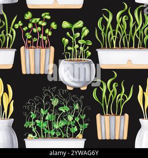 A seamless pattern of potted houseplants. Seedlings with microgreens for healthy nutrition. A vegetable garden on the windowsill. The growth of micro- Stock Photo