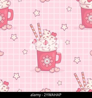 Seamless pattern with cup with cream dessert with Marshmallows hearts and striped candies on checkered pink background with stars. Vector illustration Stock Vector