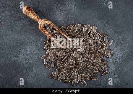 Black sunflower seeds in a spoon, on concrete background Stock Photo