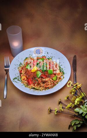 02 17 2011 Angel Hair and Capellini Pasta with vegetables and Top view Red Green and Yelow Capsicume Lokgrame Kalyan Maharashtra India Asia. Stock Photo