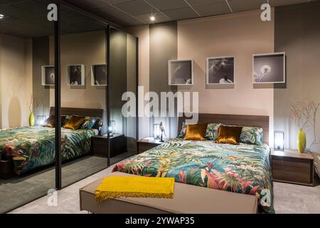 Modern bedroom showcasing stylish furniture, tropical themed bedding, and a mirrored closet, creating a vibrant and sophisticated ambiance Stock Photo