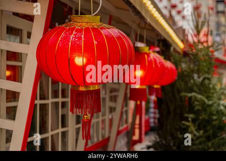 Close-up of the traditional Chinese red lanterns at street. Chinese New Year decoration for celebration Stock Photo