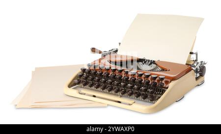 Vintage typewriter and sheets of paper isolated on white Stock Photo