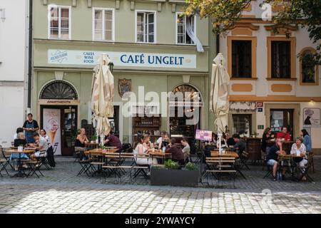 Outdoor Restaurant in the Ungelt Courtyard, Prague, Czechia, Czech Republic. Stock Photo