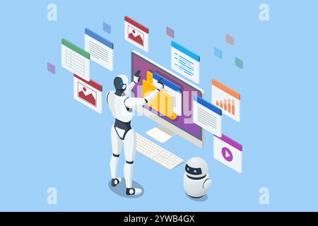Isometric AI-powered robot ensuring information privacy through advanced cybersecurity measures. Features include secure online banking, login Stock Vector