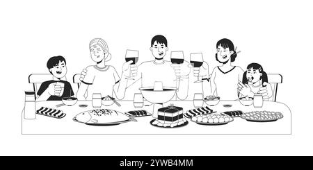 Chinese family reunion dinner black and white 2D line characters Stock Vector
