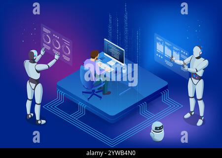 Isometric AI-powered robot ensuring information privacy through advanced cybersecurity measures. It enhances the security, performance of databases Stock Vector