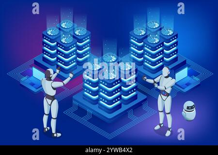 Isometric AI-powered robot ensuring information privacy through advanced cybersecurity measures. It enhances the security, performance of databases Stock Vector