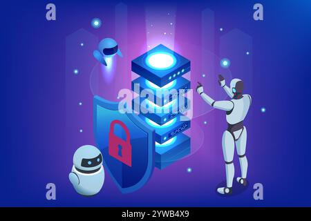 Isometric AI-powered robot ensuring information privacy through advanced cybersecurity measures. It enhances the security, performance of databases Stock Vector
