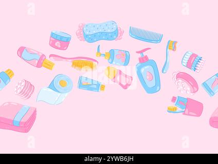 Pattern with hygiene objects. Washing, beauty, body care. Personal hygiene and self care items. Stock Vector