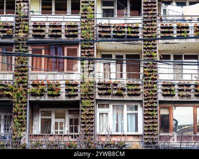 facade of urban apartment house decorated with flowerpots on autumn day in Yerevan city Stock Photo