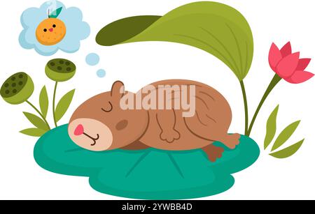 Vector capybara icon. Cute capibara sleeping on water lily leaf with closed eyes, dreaming of tangerine. Funny happy animal illustration isolated on w Stock Vector