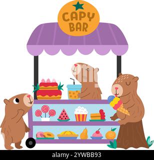 Vector capybaras sitting in rolling snack cart with wheels. Candy shop with capibaras icon. Cartoon sweets stand illustration with adorable animals. P Stock Vector