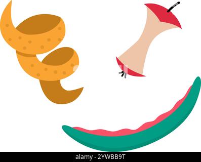 Vector set of fruit leftover icons. Flat apple stub, watermelon and orange peel clipart collection. Organic garbage illustration Stock Vector