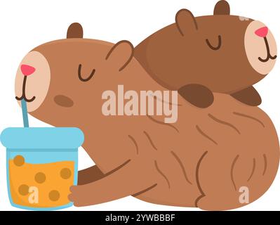 Vector capybara icon. Cute capibara sitting on each other and drinking bubble tea with closed eyes. Funny happy animal illustration isolated on white Stock Vector