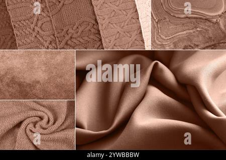 Collage showing different textures of fabric, knitwear, stone coverings in a fashionable color. Demonstrating the colors of 2025 - Mocha Mousse. Stock Photo