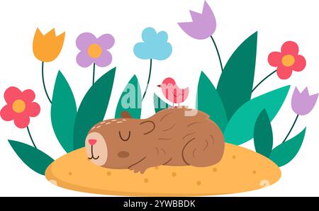 Vector capybara icon. Cute capibara sleeping on flower clearing with closed eyes and bird on his back. Funny happy animal illustration isolated on whi Stock Vector