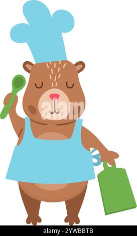Vector capybara icon. Cute capibara cook in apron and chef’s hat, holding cutting board and spoon. Funny happy animal illustration isolated on white b Stock Vector