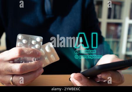 Man using artificial intelligence for medical prescriptions and self medication Stock Photo