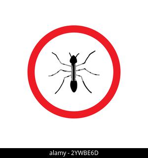 Vector black ant silhouette in red circle isolated on white background. No moth insects sign Stock Vector