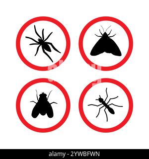 Vector set bundle of black insects silhouette in red circle isolated on white background. Pest sign illustration Stock Vector