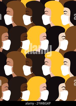 Vector seamless pattern of flat cartoon woman girl face head profile in medical mask isolated on white background. Coronavirus pandemic illustration Stock Vector