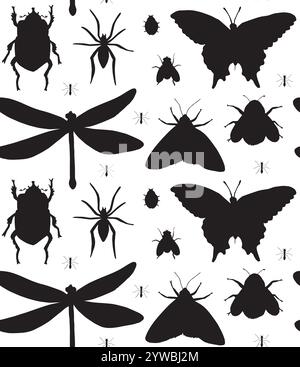 Vector seamless pattern of black sketch different insects silhouette isolated on white background Stock Vector