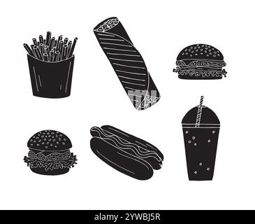 Vector set bundle of black hand drawn doodle sketch fast food isolated on white background Stock Vector