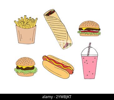 Vector set bundle of colored hand drawn doodle sketch fast food isolated on white background Stock Vector