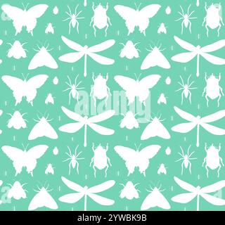 Vector seamless pattern of white sketch different insects silhouette isolated on mint background Stock Vector
