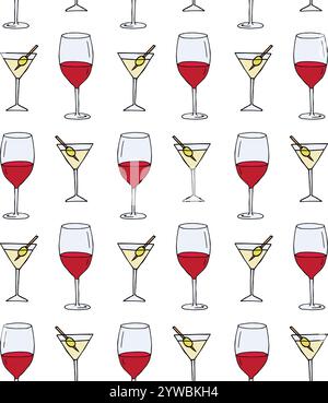 Vector seamless pattern of colored hand drawn doodle sketch martini and wine glass isolated on white background Stock Vector