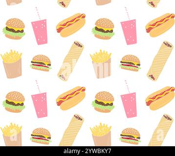 Vector seamless pattern of colored hand drawn doodle sketch fast food isolated on white background Stock Vector