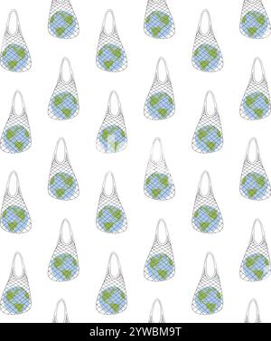 Vector seamless pattern of hand drawn doodle sketch planet Earth in eco string bag isolated on white background Stock Vector